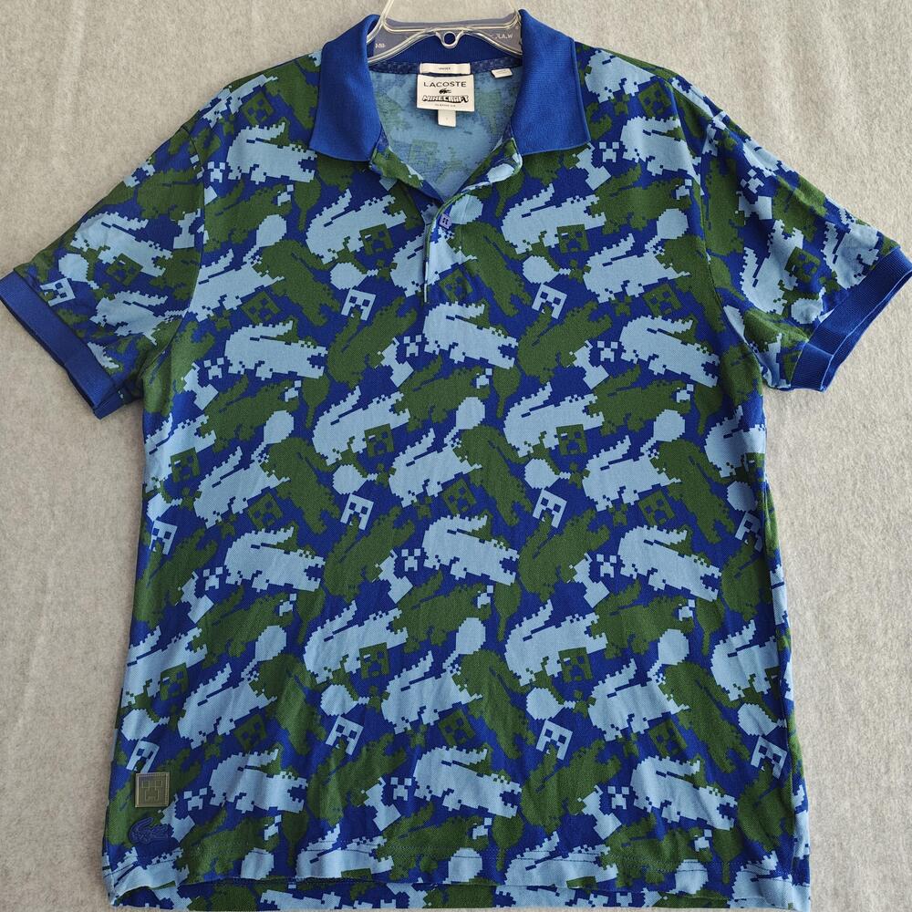 Lacoste Minecraft Polo Shirt Mens L Blue Alligator Graphic Classic Fit Pixel AOP